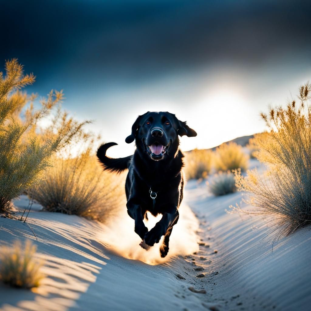 Black lab running in desert of Nevada with sagebrush, summer, happy joyful shining coat of black fur