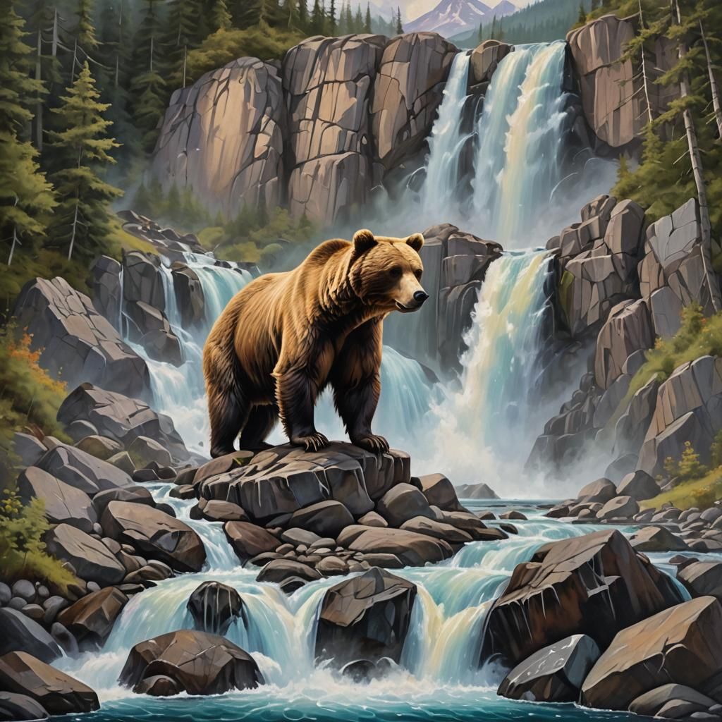 Alaska: Bear Catching Salmon at Iridescent Waterfall