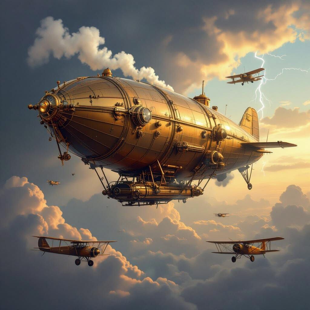 Steampunk Dirigible Amidst Stormy Skies
