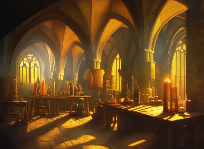 Detailed Alchemist Workshop with Gothic Architecture