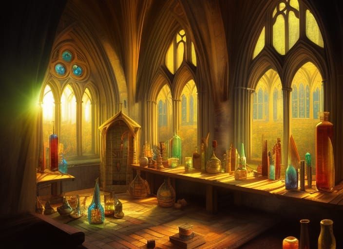 Alchemist Workshop with Gothic Arches and Glass Bottles