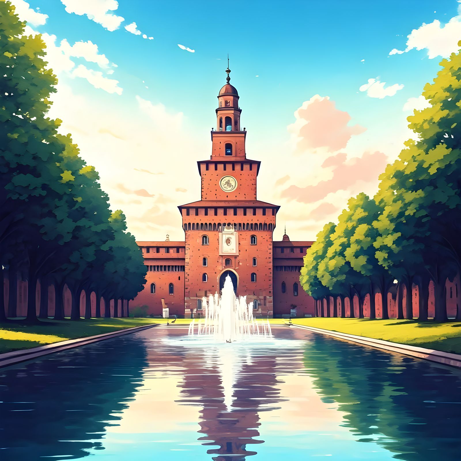 Ethereal Watercolor Sforza Castle in Milan, Italy