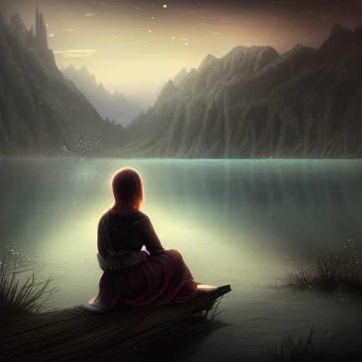 Sad Girl by Lake: Detailed Matte Painting