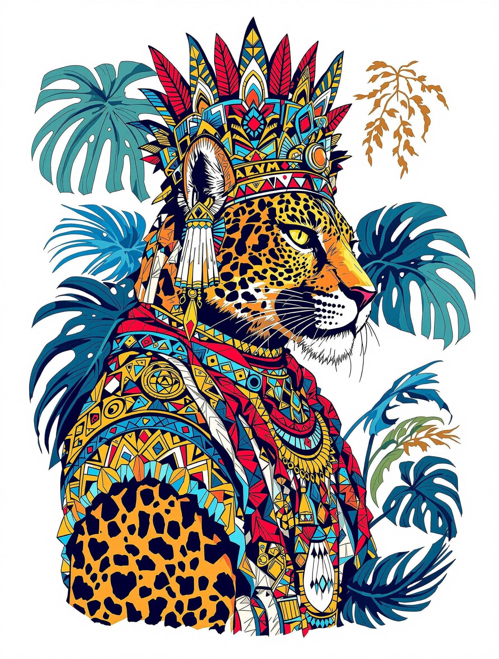 Fierce Aztec Leopard King in Vibrant Pop Art Style