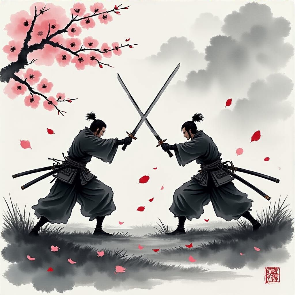Samurai Duel in Ink Brush Style