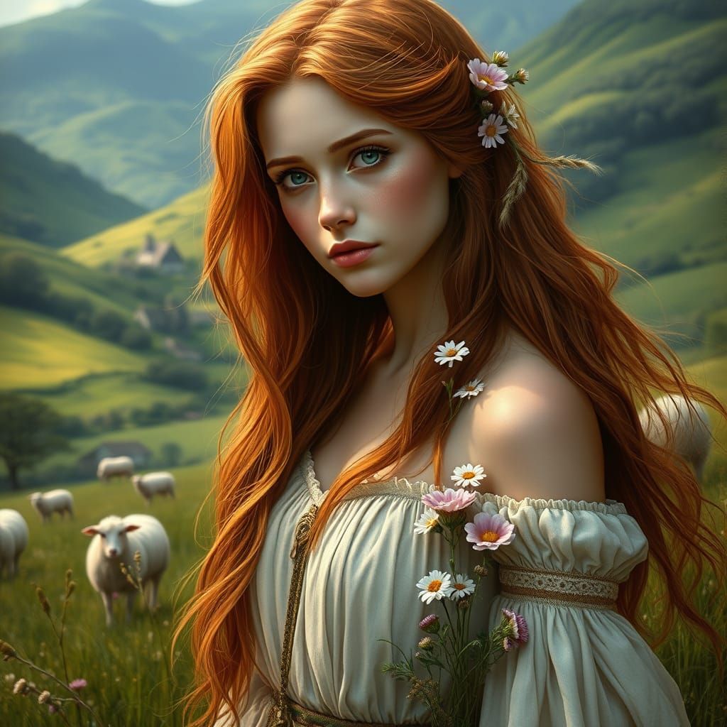 Irish Maiden in Meadow, Pre-Raphaelite Style