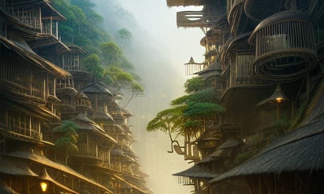 Detailed Bamboo Cityscape Digital Matte Painting