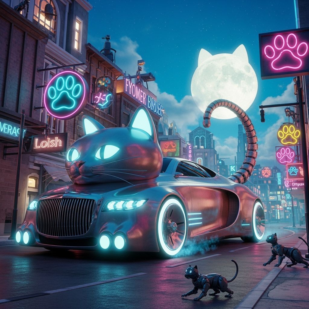 Futuristic Cat Car Navigates Whimsical City
