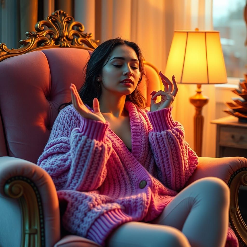 Woman in Vibrant Cardigan, Velvet Armchair, and Soft Lightin...