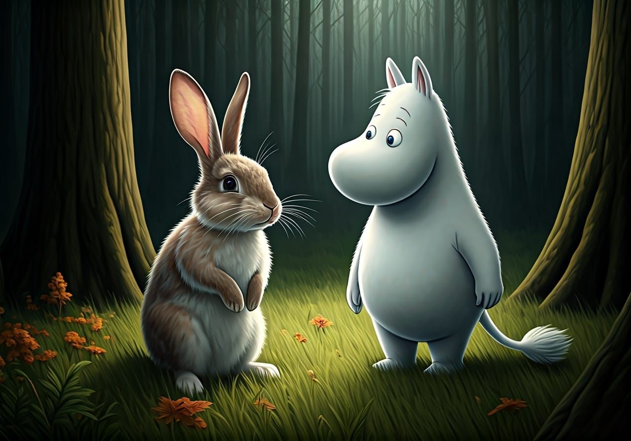 Rabbit Meets Moomin Troll: AI Generated Image