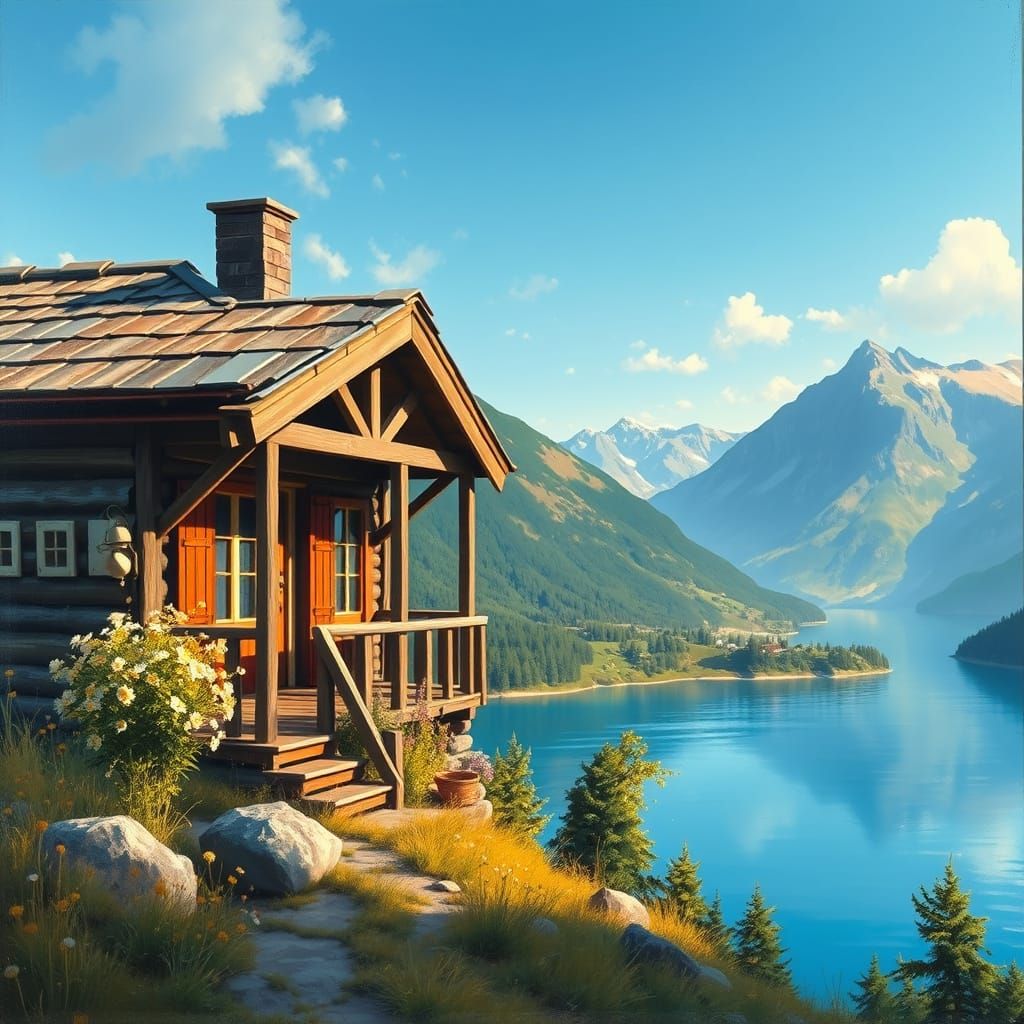 Cozy Mountain Hut Balcony Overlooking Lake in Summer