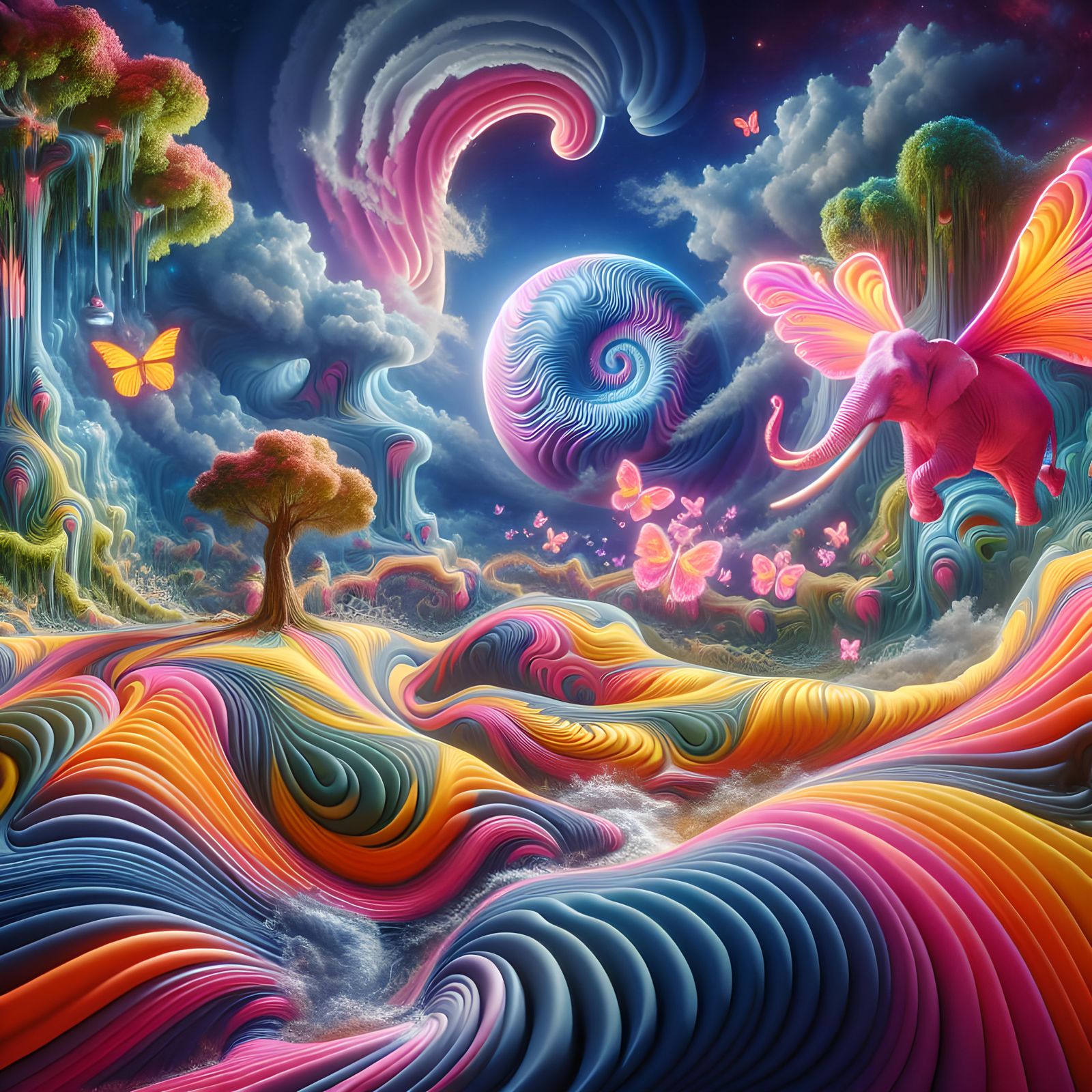 Surreal Dreamscape with Pink Elephant in Psychedelic Style