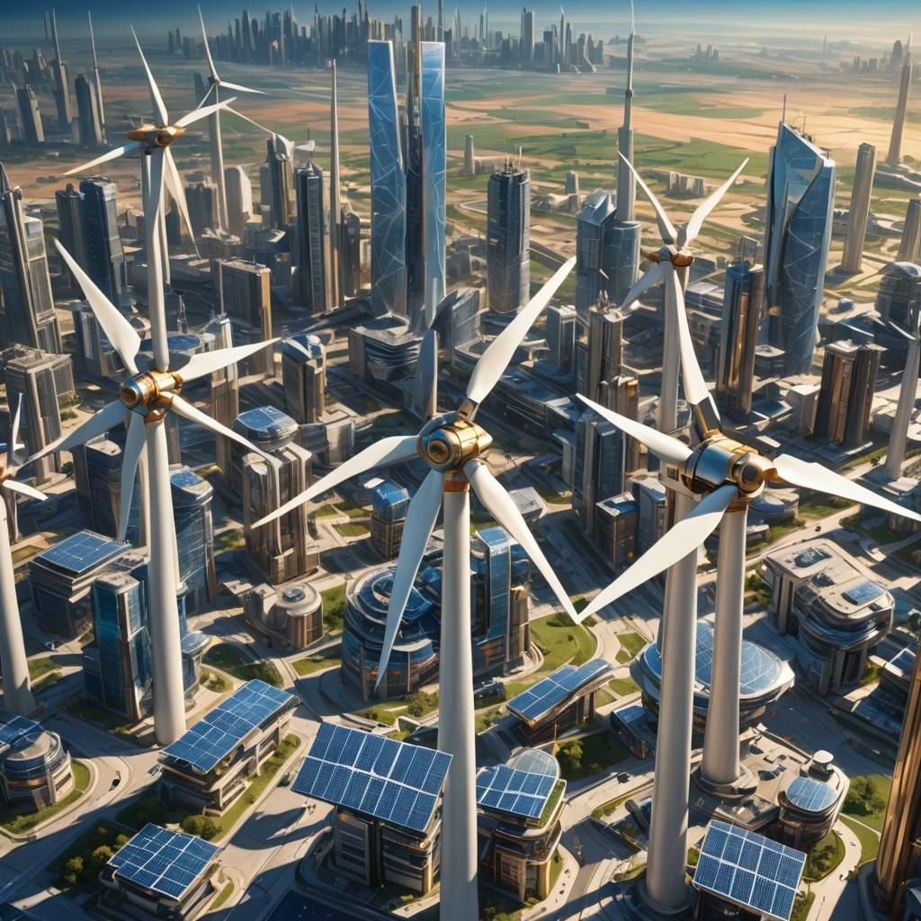 Futuristic Cityscape with Wind Turbines in 3D Style