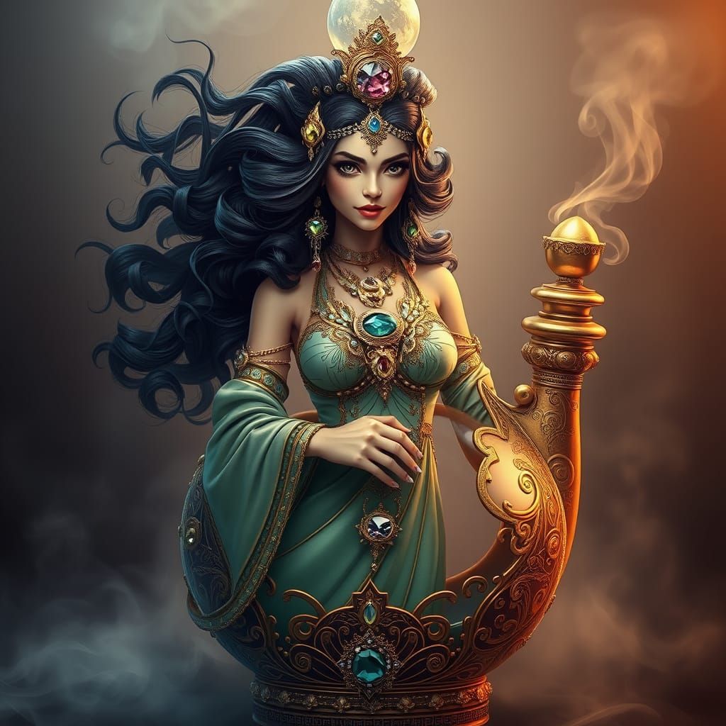 Mystical Female Genie in Luxurious Bottle