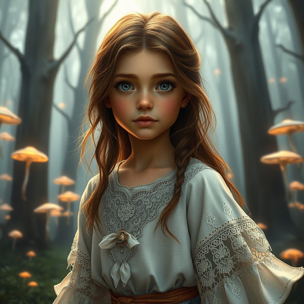 Mystical Girl in a Whimsical Forest Landscape