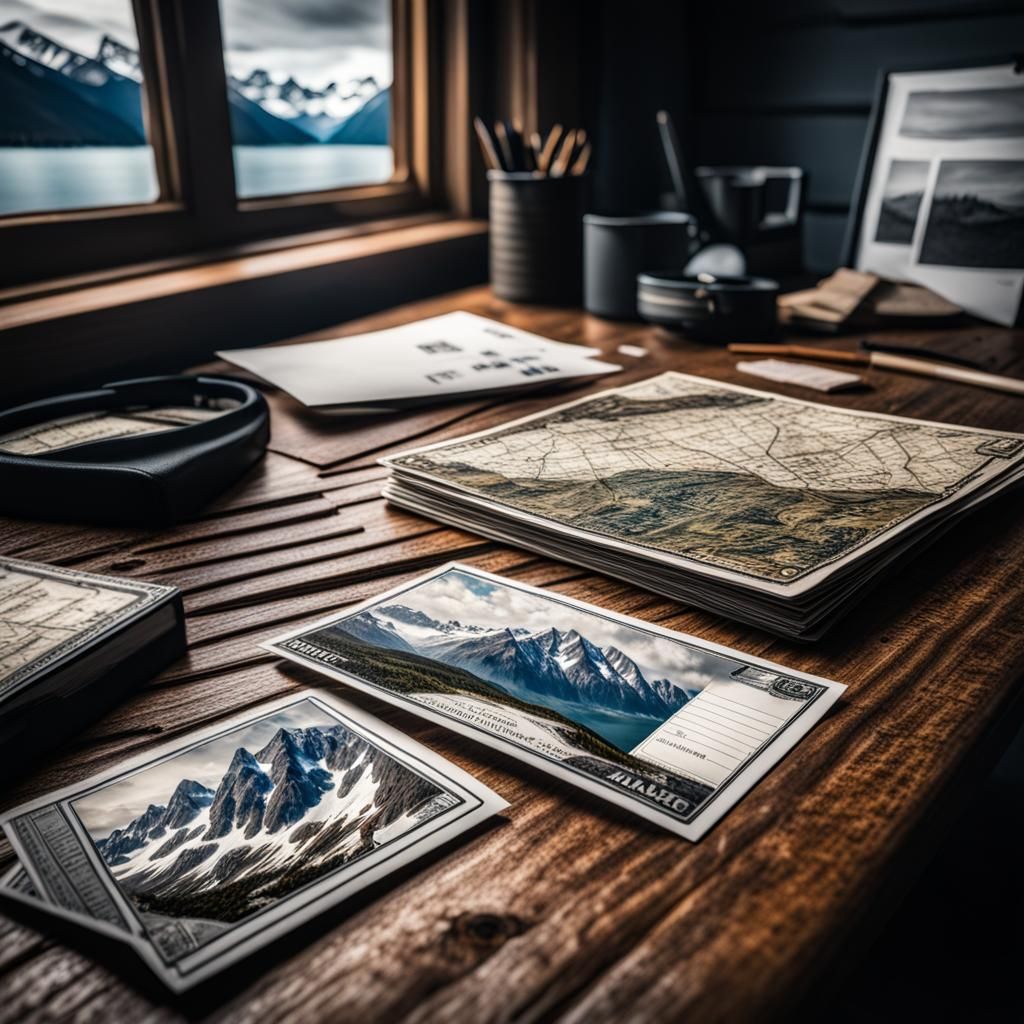 Desk with Alaskan Postcard in Hyperrealistic Style