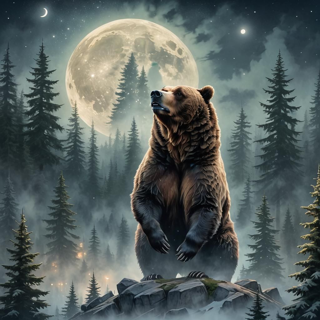 Luminescent Bear Reveals Forest Under Moon