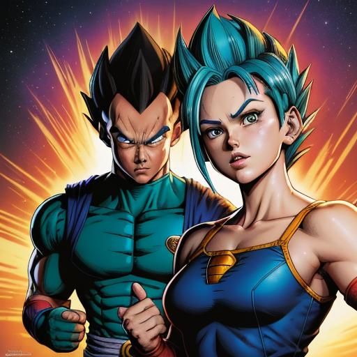 Bulma and Vegeta in Comic Book Art Style