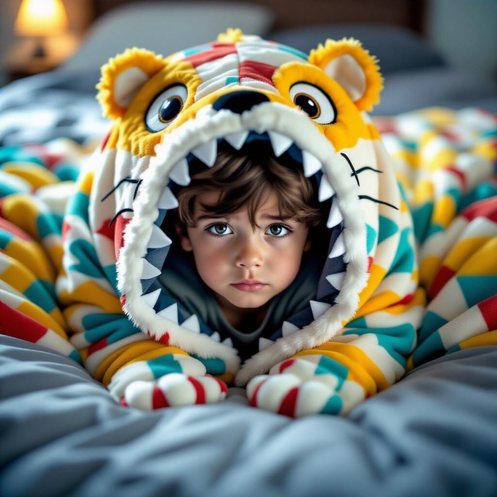 Scared Child Hiding Under Bed from Sleeping Monster