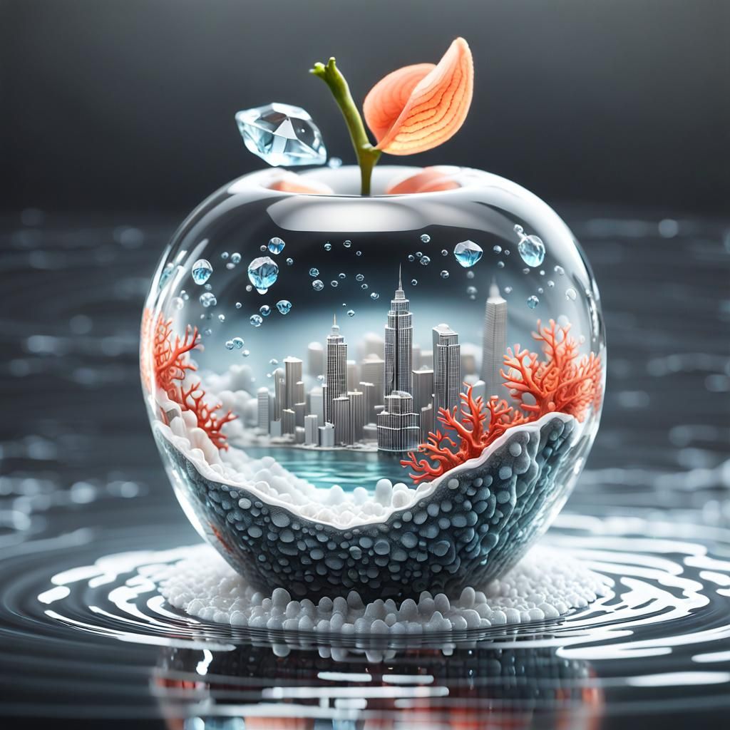 Crystal Apple with Tiny City Inside: Macro 3D Art