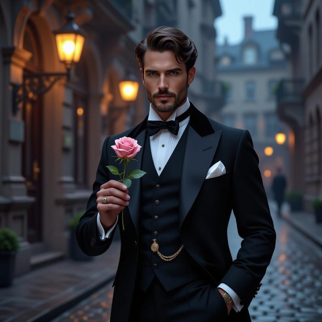 Victorian Gentleman with Spiderweb Rose in Gaslit City