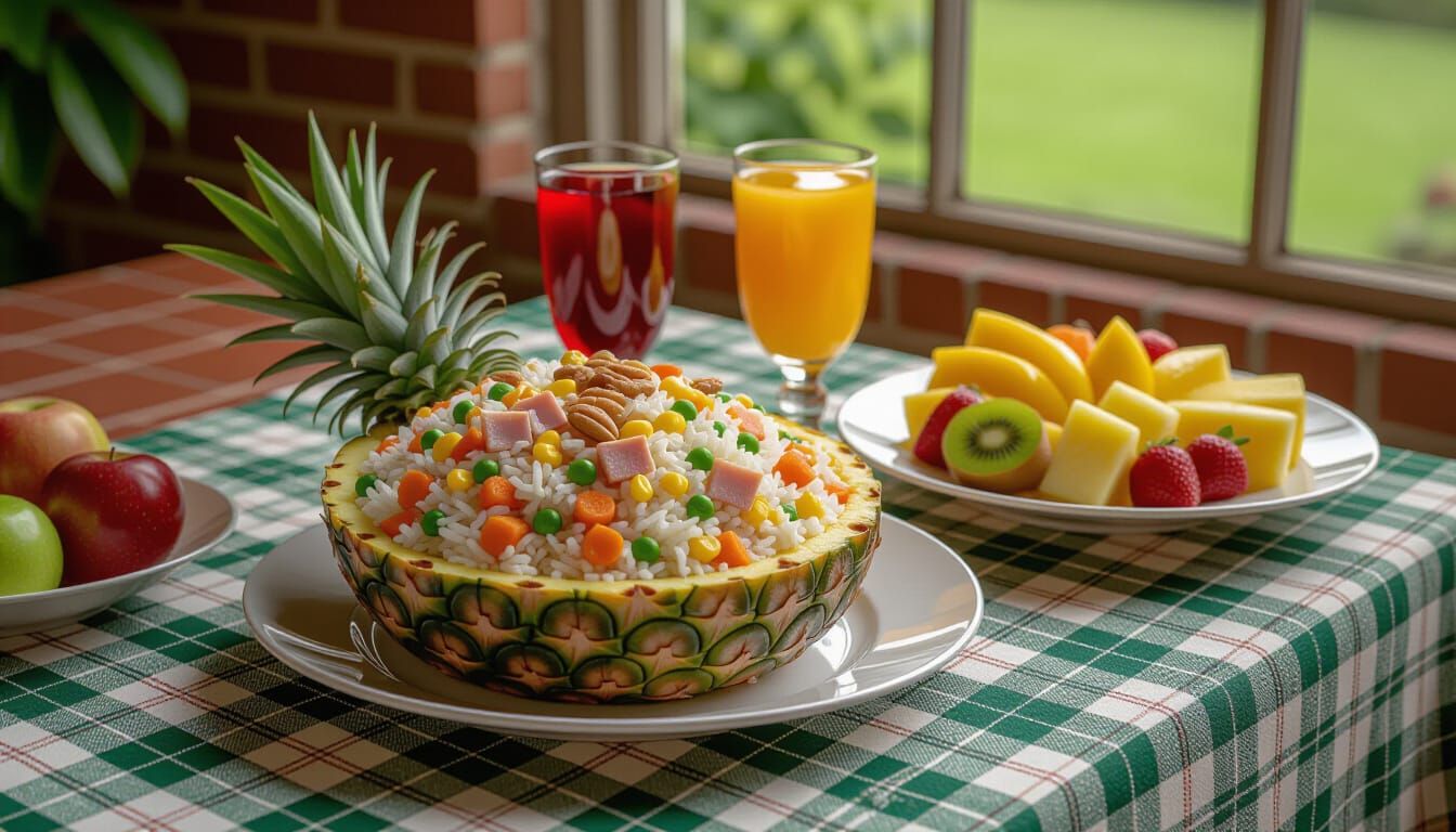 Vibrant Fried Rice Platter in Pineapple, Realistic Still Lif...
