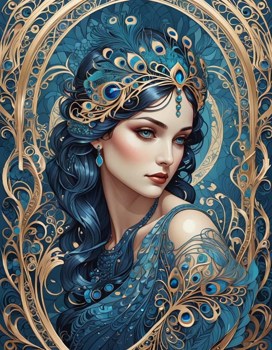 Art Deco Woman with Peacock Feather Arch