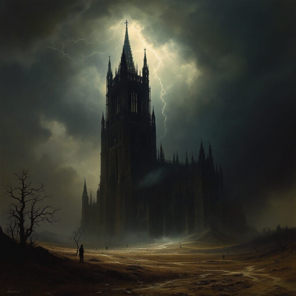 Gothic Cathedral in Storm, Romanticism Style