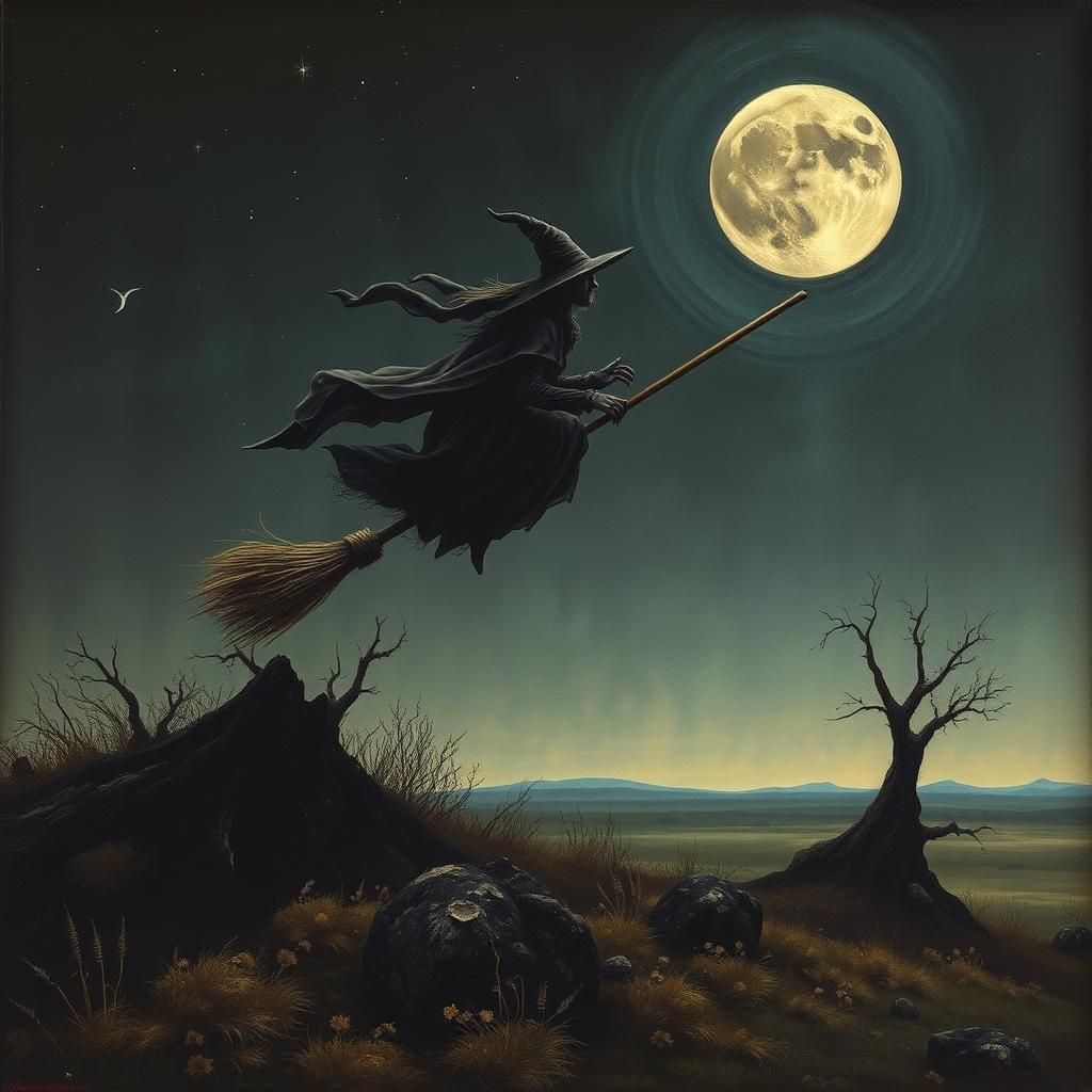 Witch on Broom in Surreal Nightmare Landscape