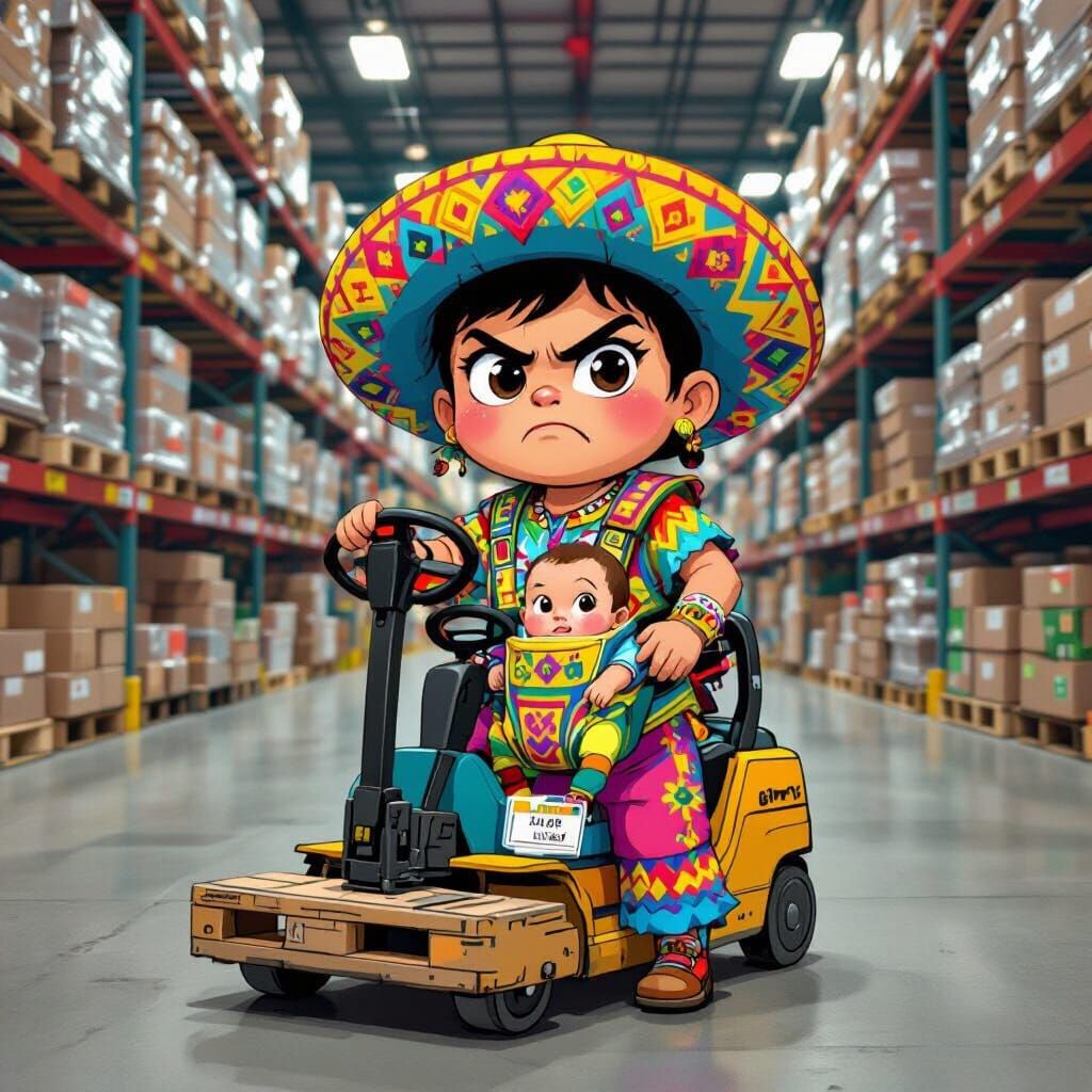 Cartoon Little Person in Warehouse with Baby
