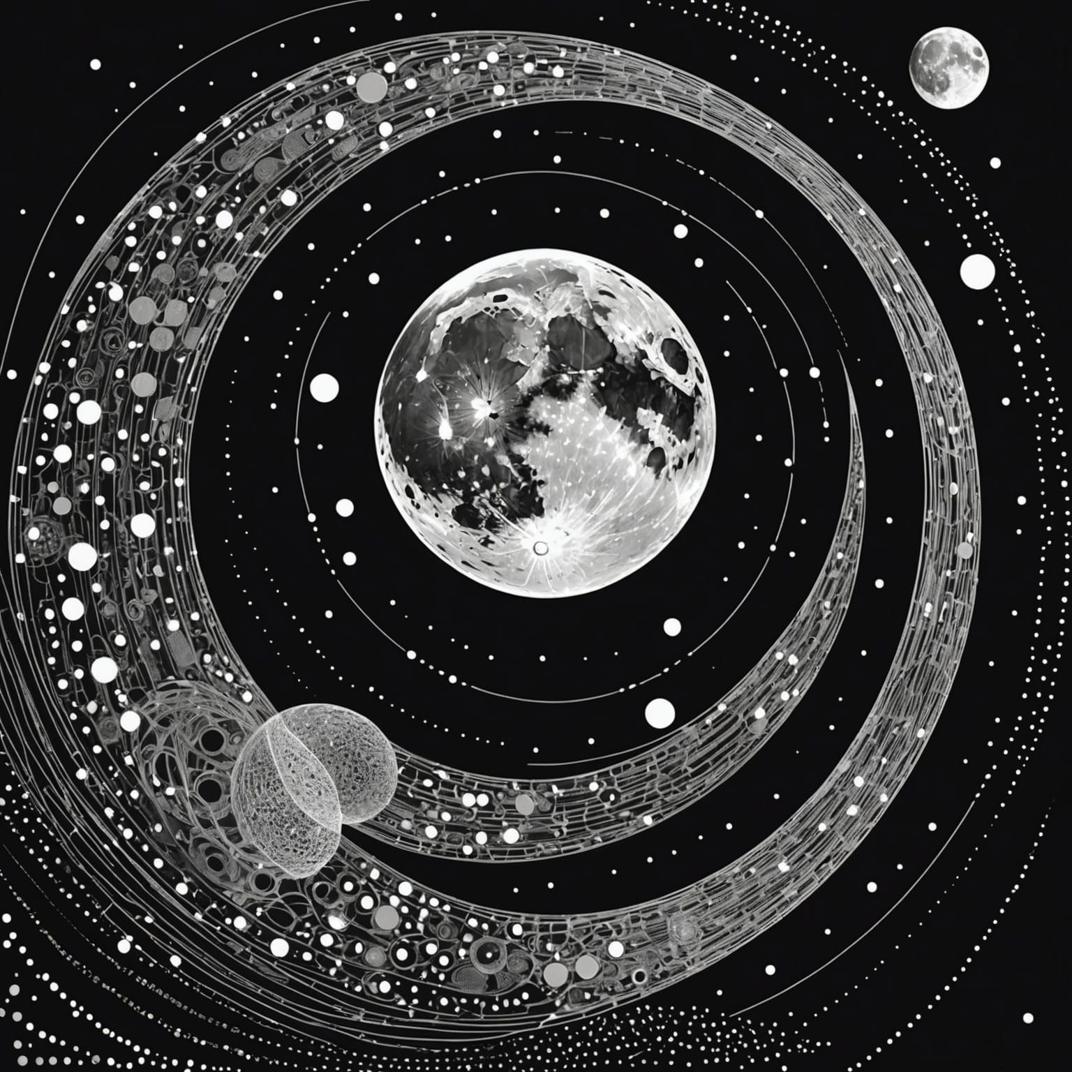 Abstract Moon Art with Lines and Dots