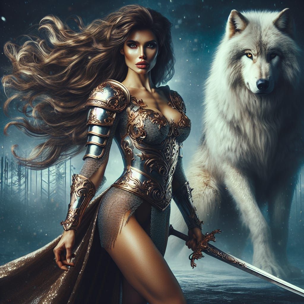 Epic Warrior Woman with White Wolf in Digital Painting