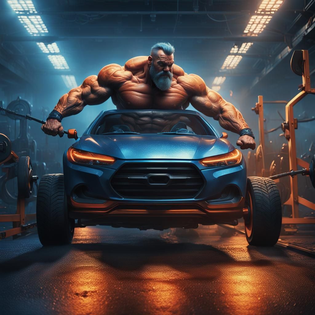 Dwarf Bodybuilder Benches Car: Matte Painting