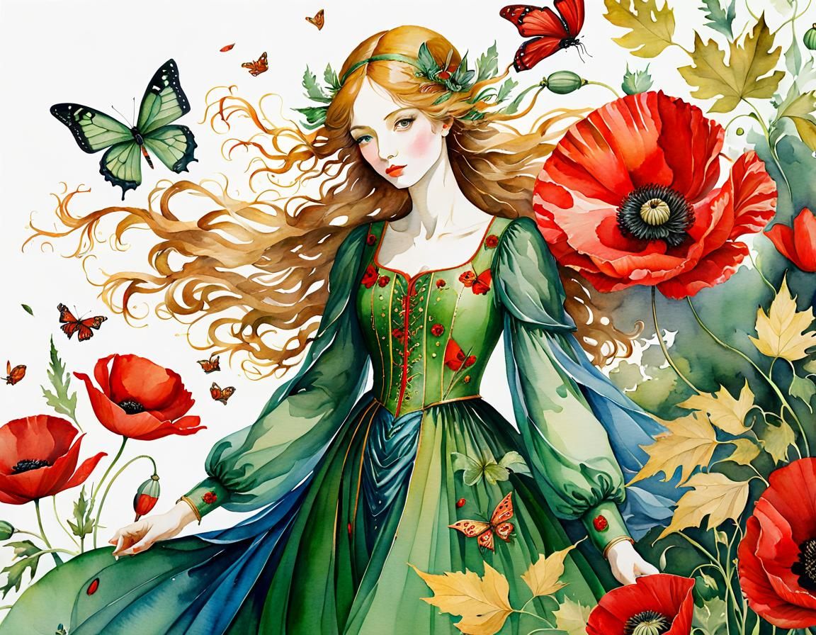 Poppy Fairy Girl with Golden Leaves, Watercolor Style