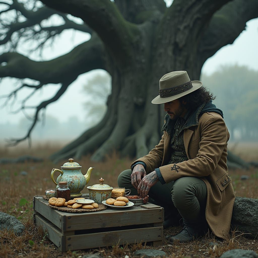 A Post-Apocalyptic Figure Finds Solace in Tea Time