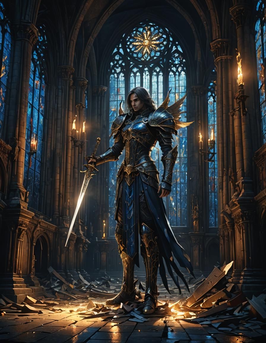 Night Holds Angel's Sword in Gothic Cathedral