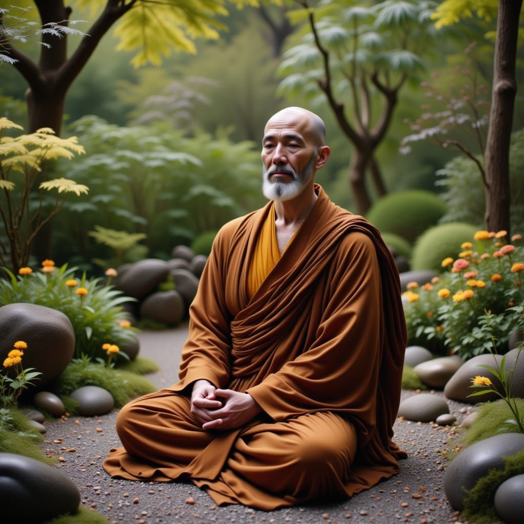Meditating Monk in Serene Zen Garden