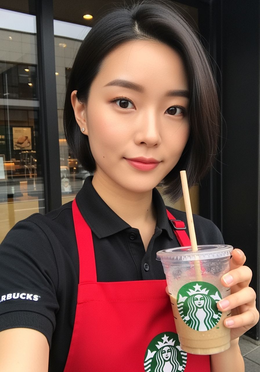 Korean Starbucks Barista Selfie in Natural Light
