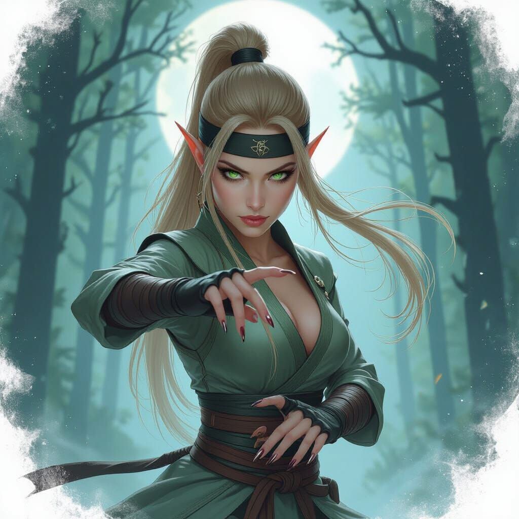 Elven Ninja Woman in Moonlit Forest