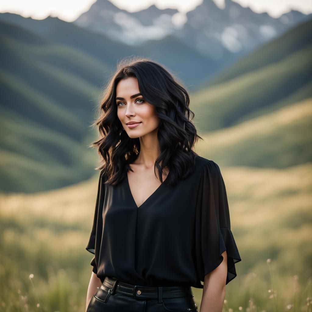 Girl with Wavy Hair in Mountain Field Portrait