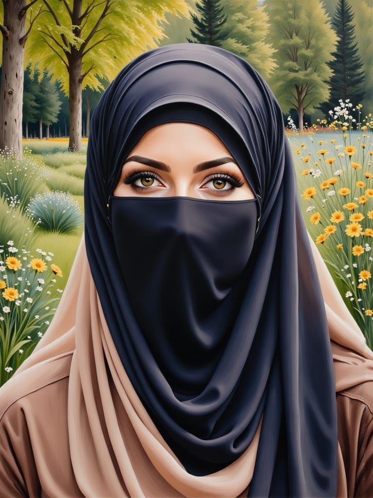 Niqabi Woman Portrait in Botanic Garden as Oil Painting