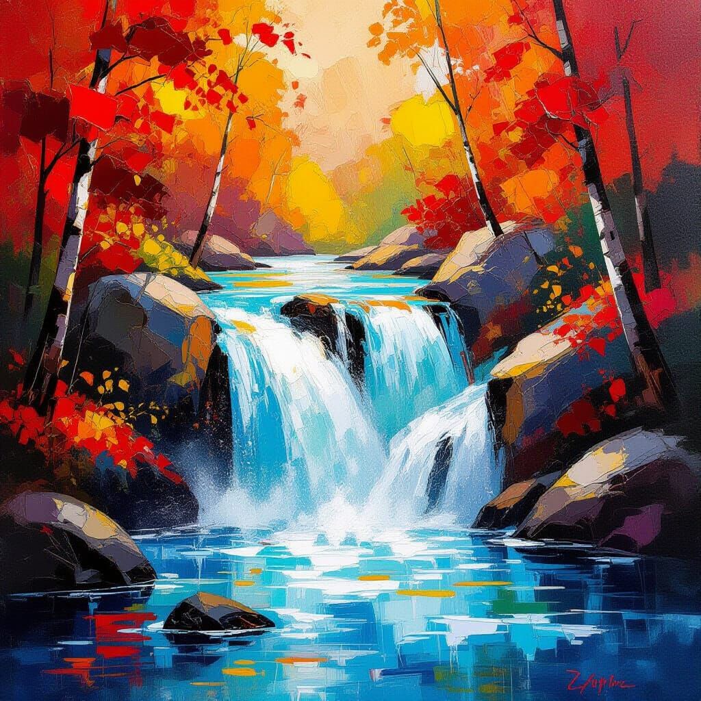Abstract Autumn Waterfall in Abstract Expressionist Style