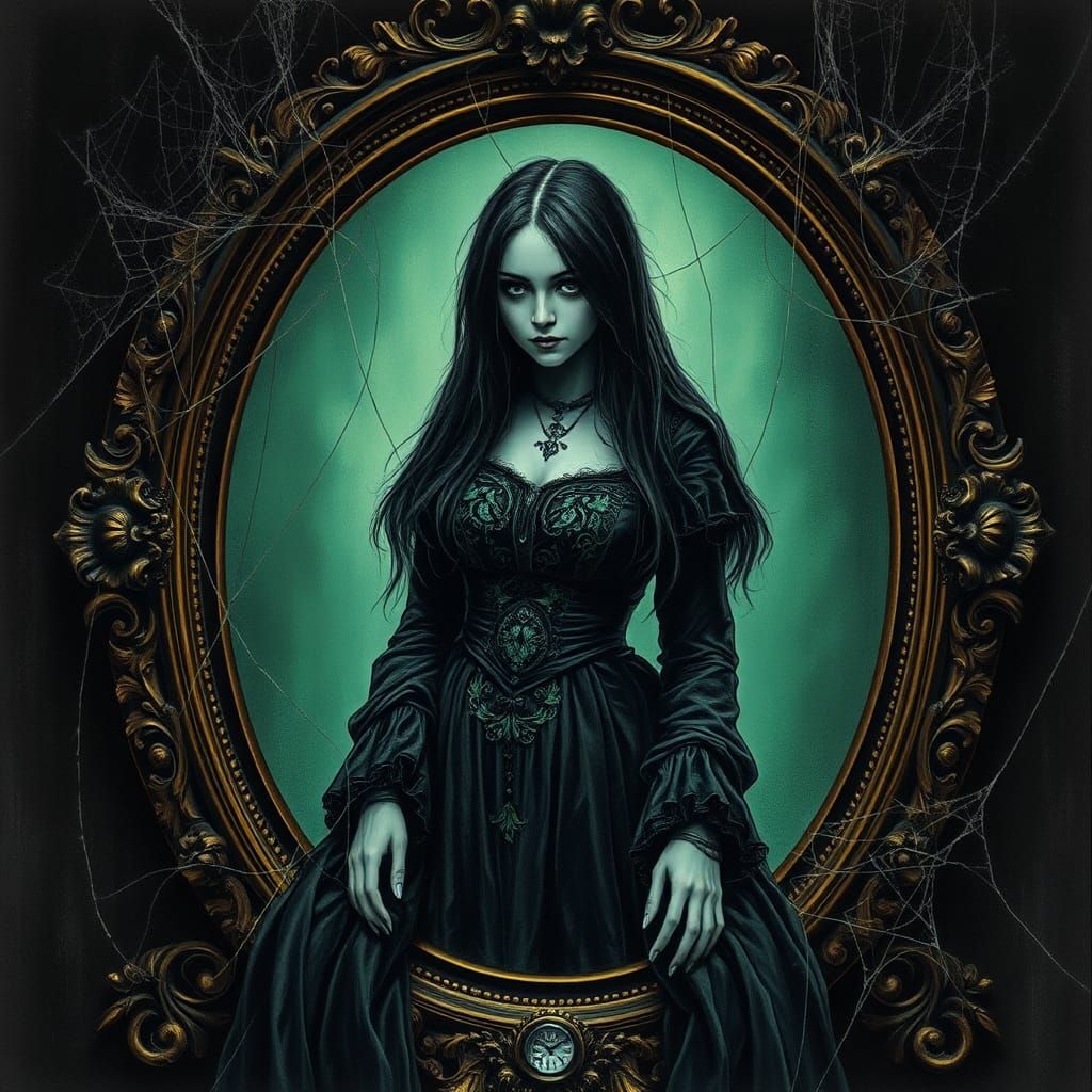 Mystical Woman in Antique Frame as Charcoal Drawing