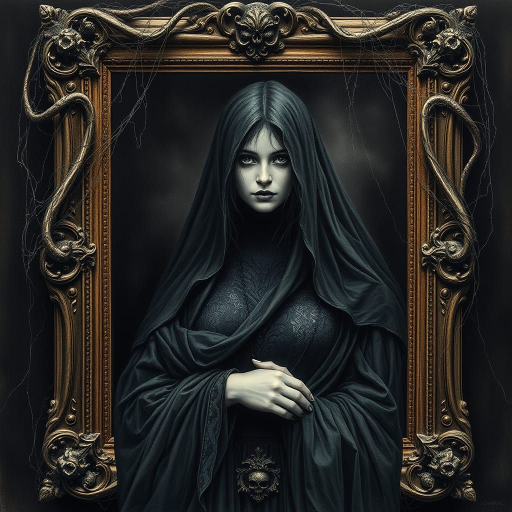 Mysterious Woman in Cobwebbed Frame: Charcoal Portrait
