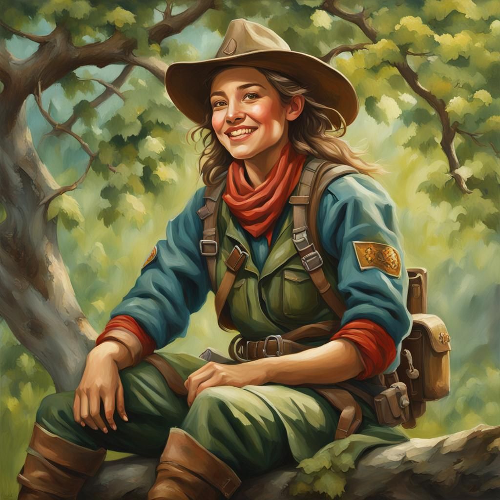 Young Woman Ranger in Autumn Wood, 3D Oil Painting