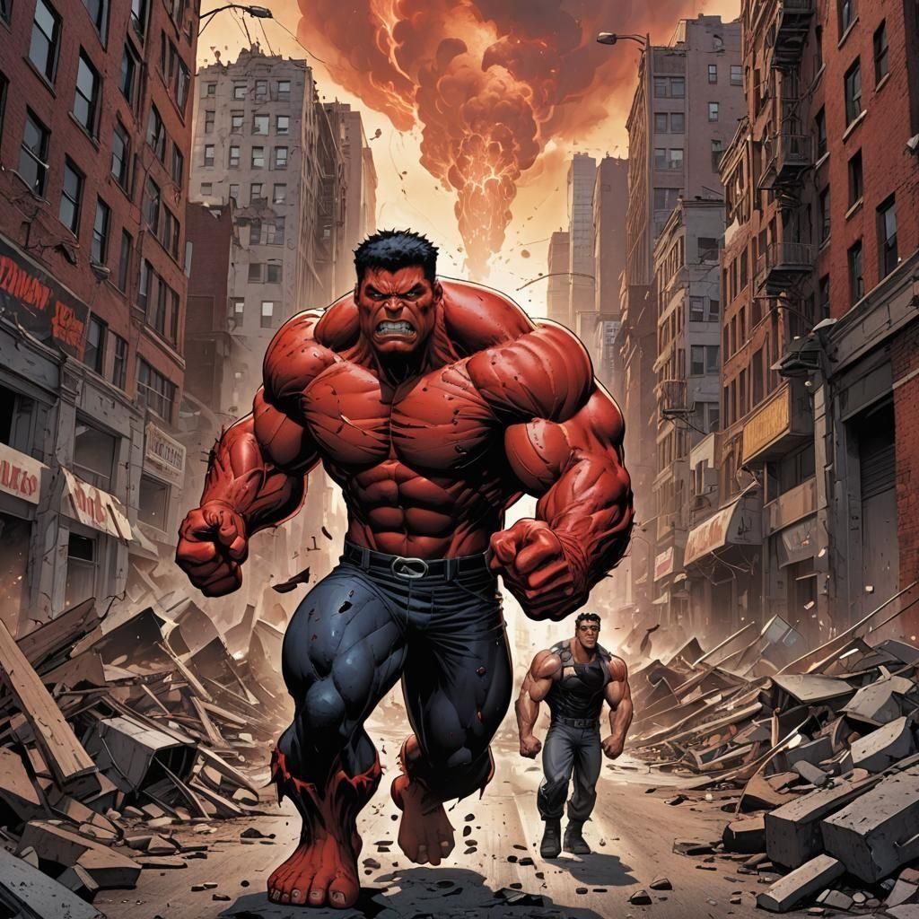 Red Hulk Comic Book Art in Destroyed City