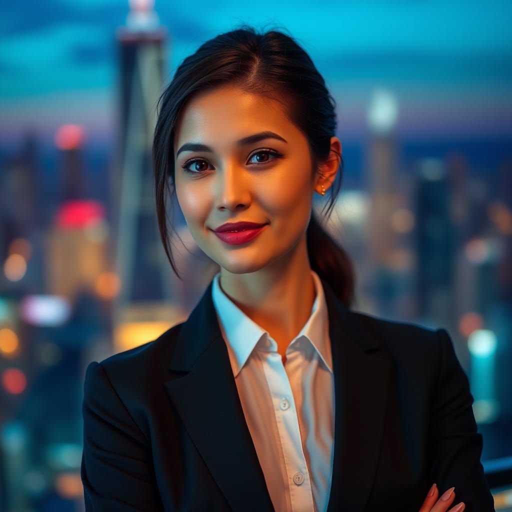 Professional Woman's Portrait with Cityscape in Hyperrealist...