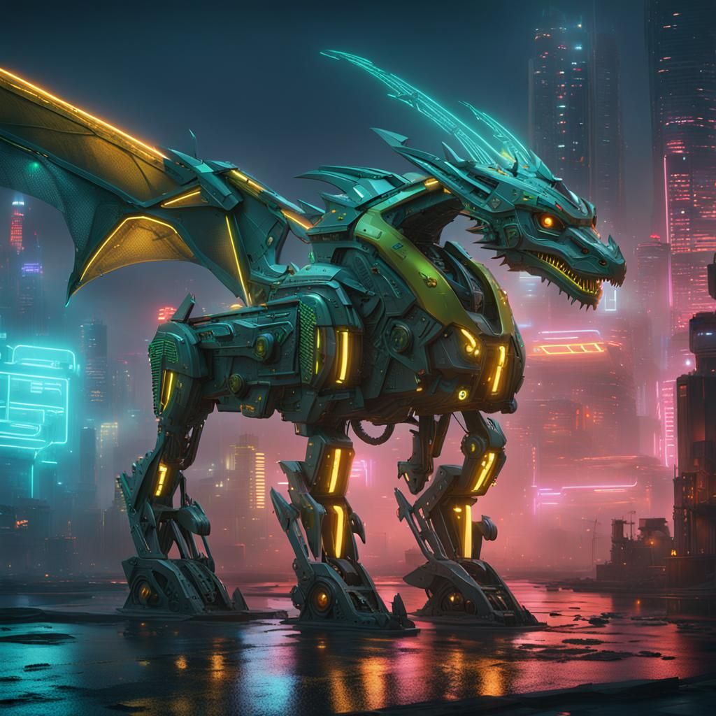 Cyberpunk John Deere Dragon Mech in Neon Cityscape