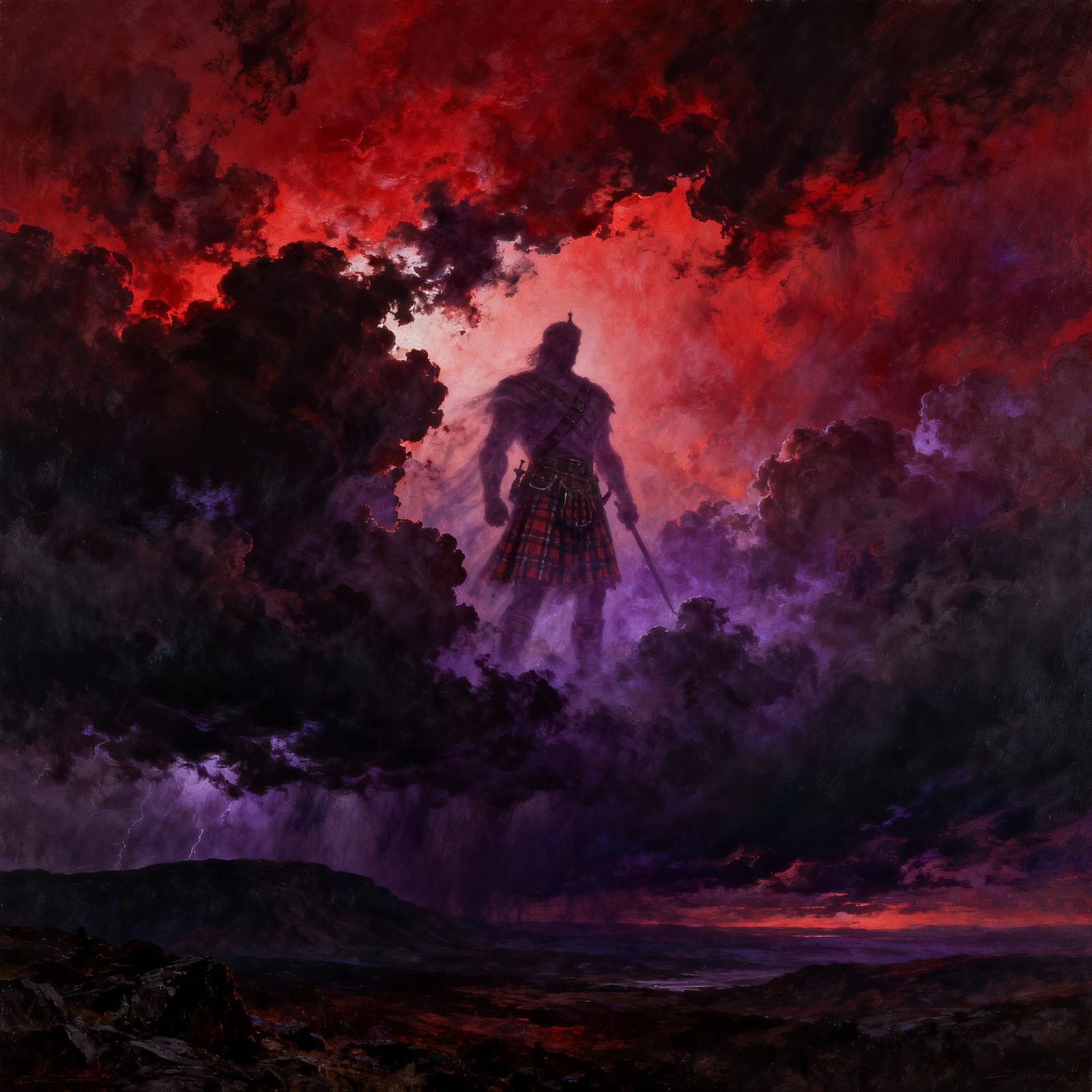 Ghostly Scottish Warrior Appears in Crimson Sky