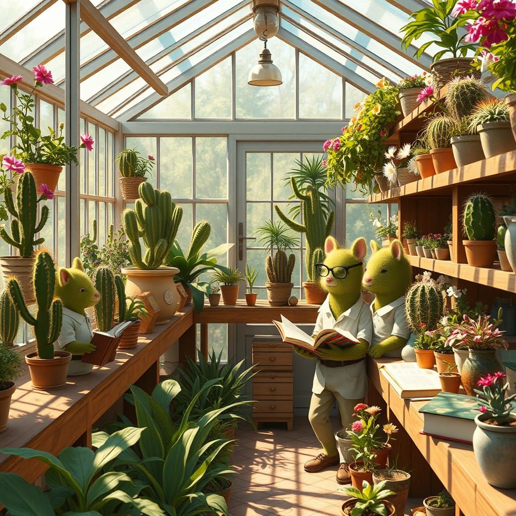Anthropomorphic Cacti Reading in Sun-Drenched Greenhouse
